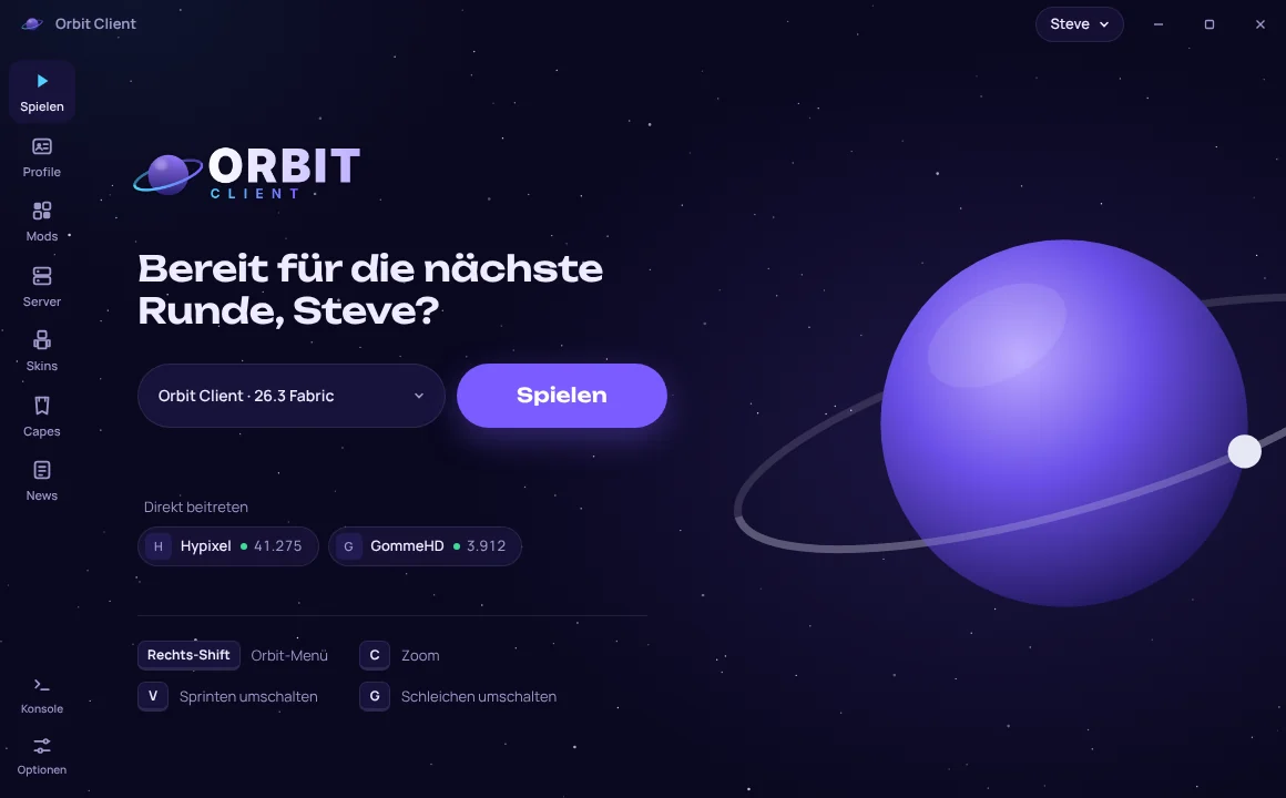 Der Orbit-Launcher mit Spielen-Knopf und Server-Liste